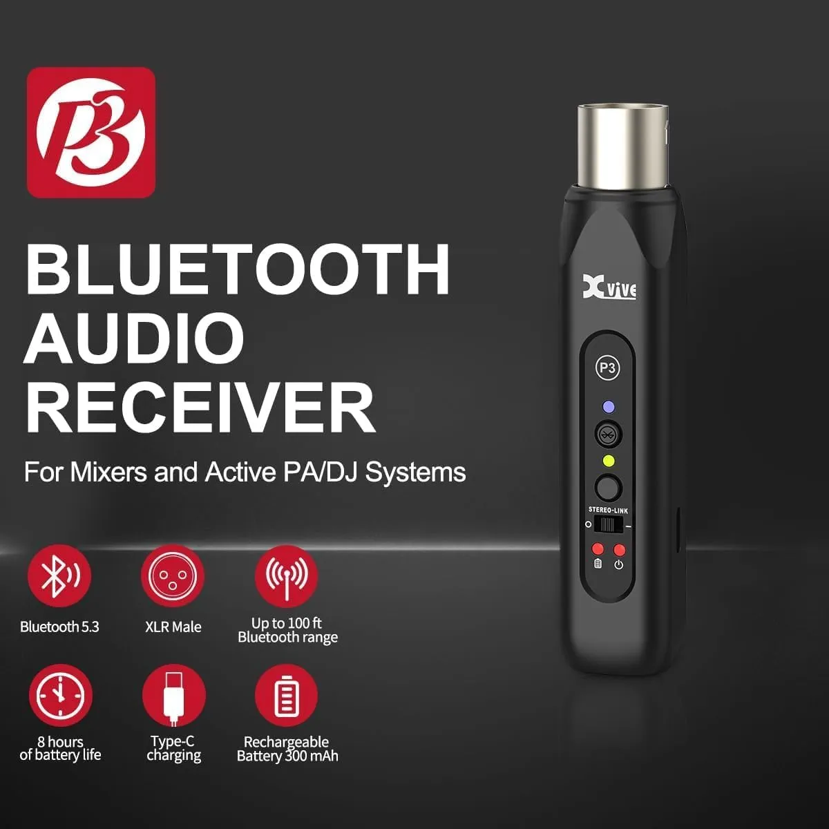 Xvive P3 Bluetooth XLR Receiver for Audio Mixer, Active PA, DJ Systems