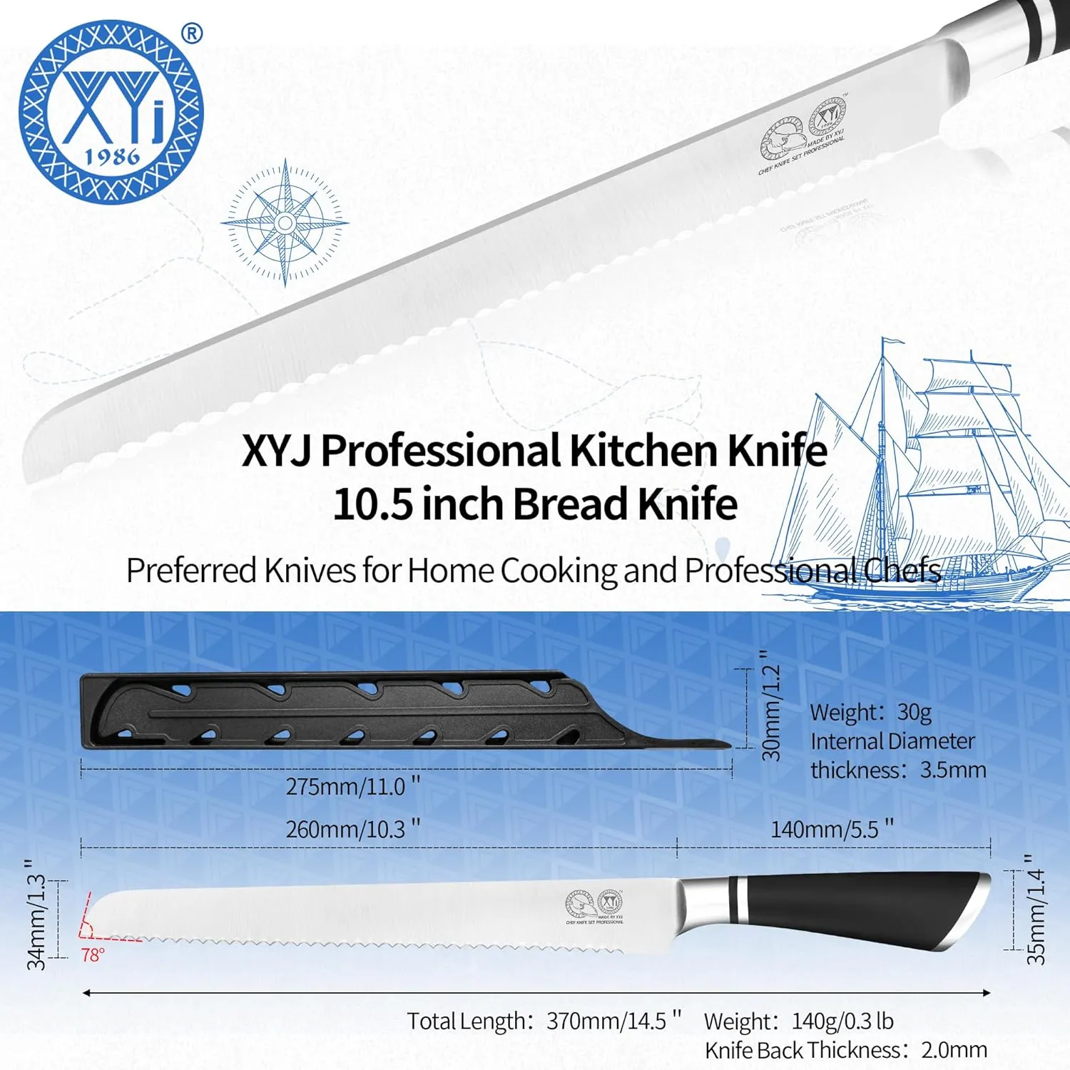 XYJ Authentic Since 1986, Japanese Bread Knife 10.5 Inch, Stainless Steel Serrated Blade Bread Cutting Knife With Cover, Serrated Cake Knife for Home Kitchen Camping