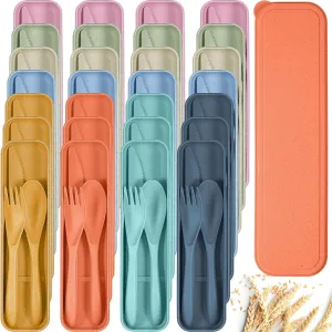 Yahenda 28 Sets Reusable Travel Utensils Set with Case Wheat Straw Cutlery Portable Spoon Knife Fork Tableware Lunch Box Accessories Bulk for Adults Travel Picnic Camping Utensils Gifts (Multicolor)