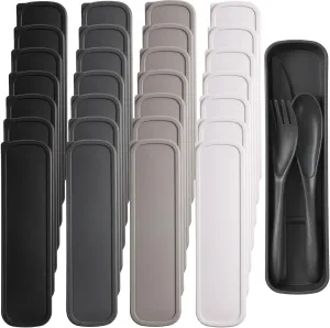 Yahenda 28 Sets Reusable Travel Utensils Set with Case Wheat Straw Cutlery Portable Spoon Knife Fork Tableware Lunch Box Bulk for Adults Travel Picnic Camping Utensils Gifts (Cold Color)