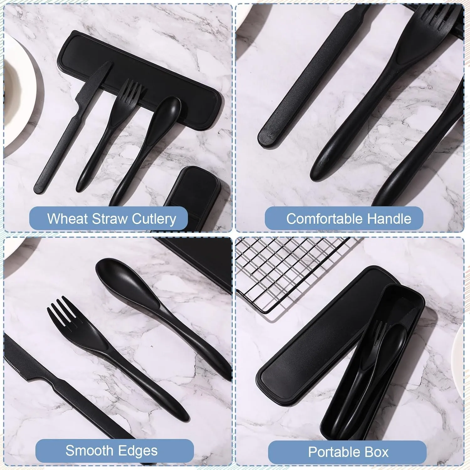 Yahenda 28 Sets Reusable Travel Utensils Set with Case Wheat Straw Cutlery Portable Spoon Knife Fork Tableware Lunch Box Bulk for Adults Travel Picnic Camping Utensils Gifts (Cold Color)