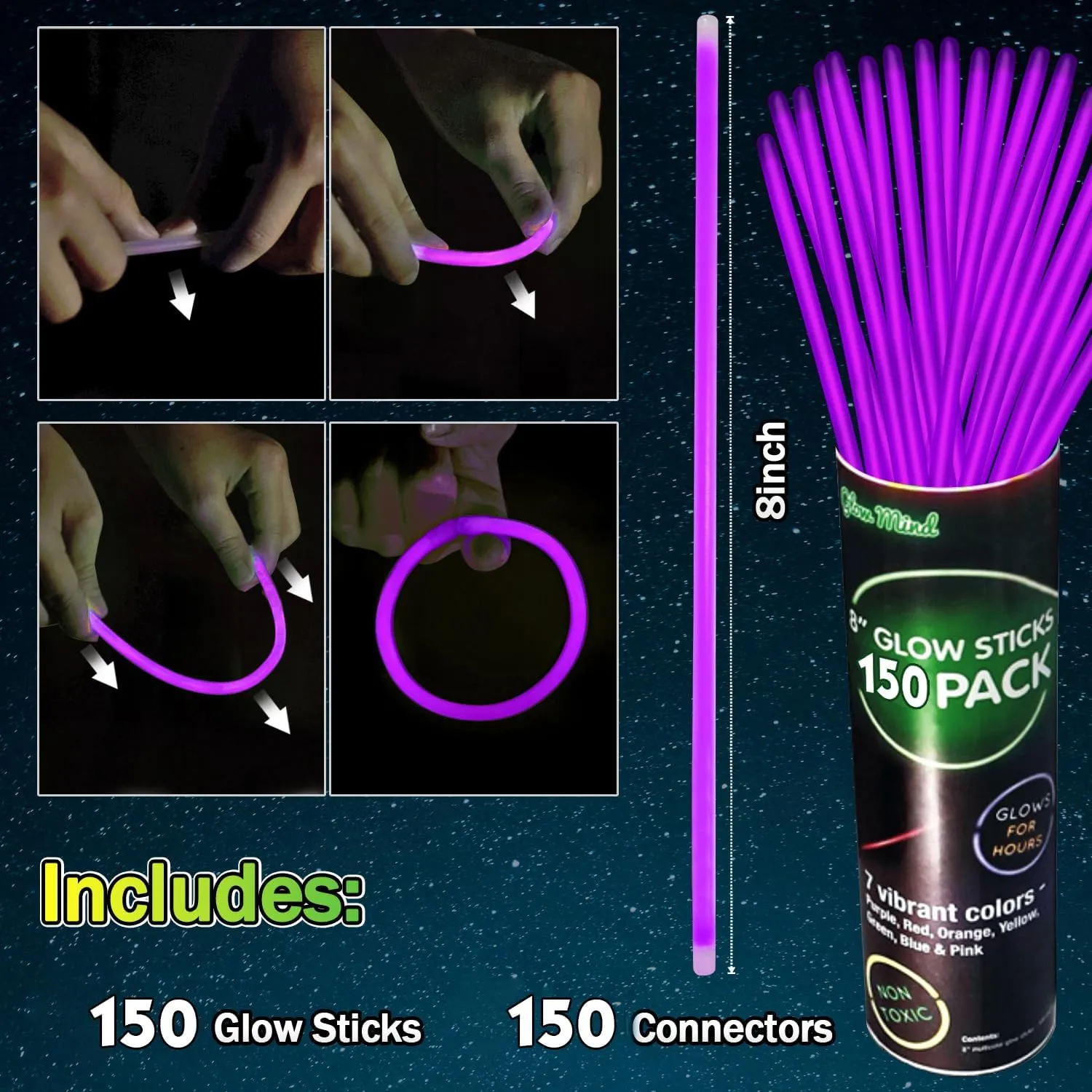 YOFOBU150 Pack Purple Glow Sticks Bulk Glow Bracelet and Necklaces with Connectors 8" Glowsticks for Halloween ThanksGiving New Year Wedding Birthday Carnival Light Up Neon Party Favors