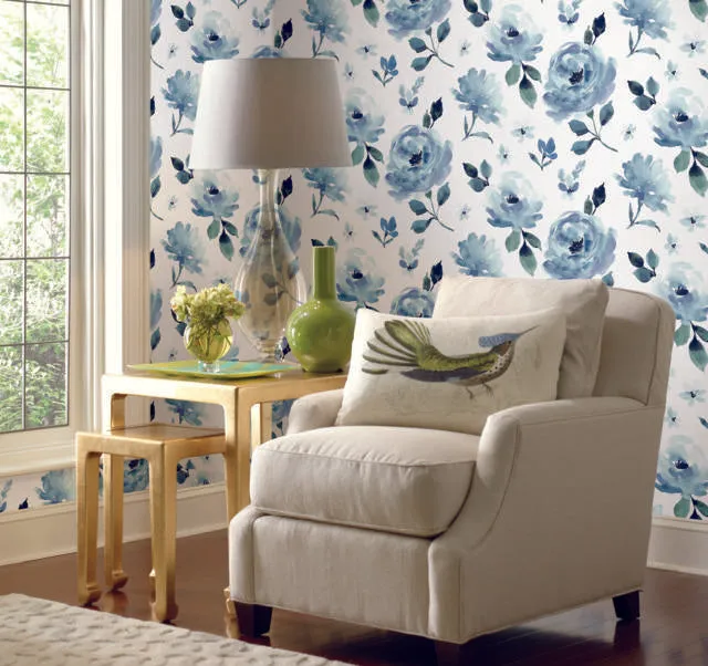 York Watercolor Blooms Peel And Stick Blue Wallpaper