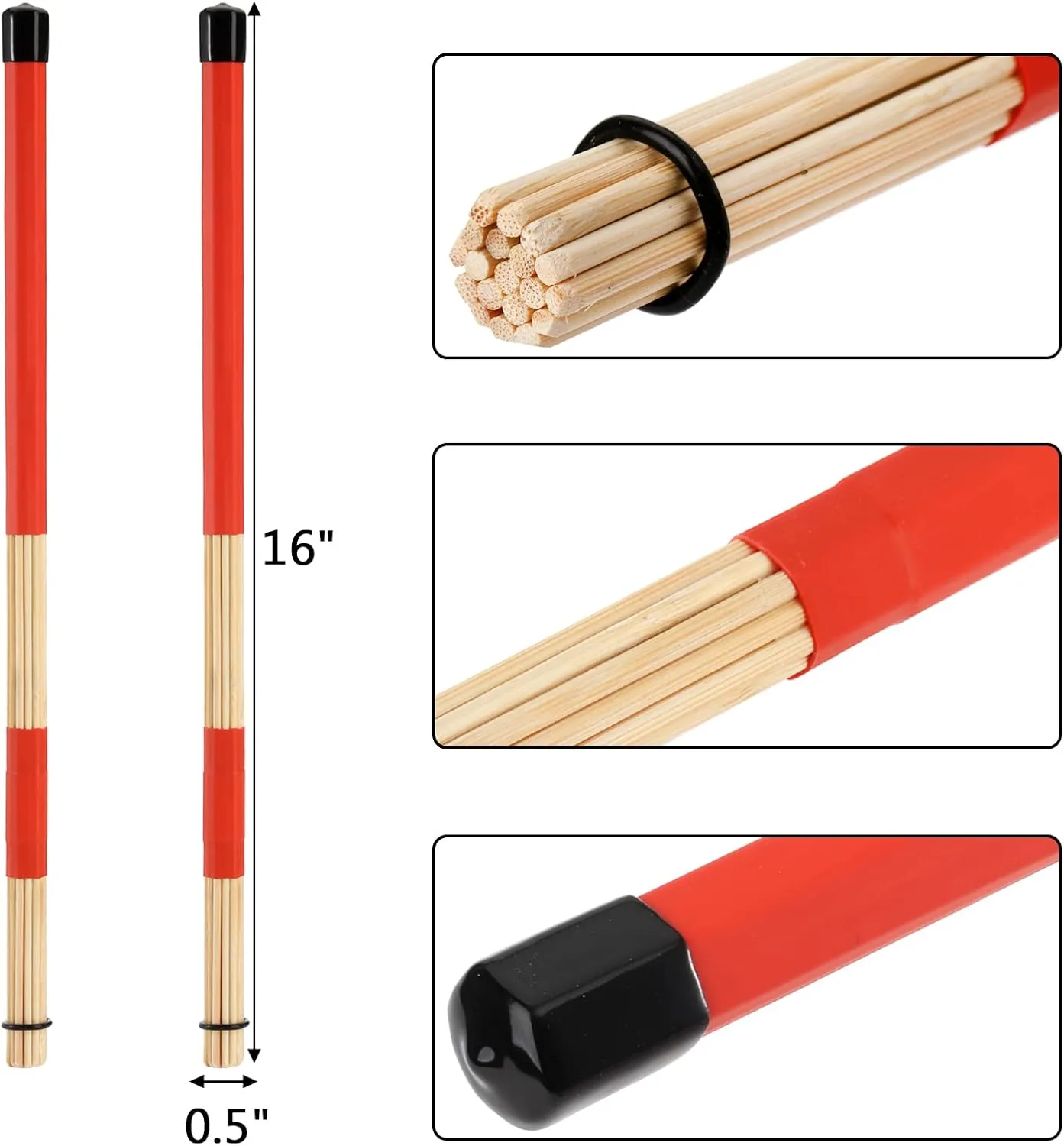 YOUEON 3 Pair 16 Inch Bamboo Hot Rods Drumsticks, 5A Jazz Drum Sticks Constructed of 19 Bamboo Dowels, Rods Drum Brushes for Jazz, Folk, Small Venue and Acoustic Performance