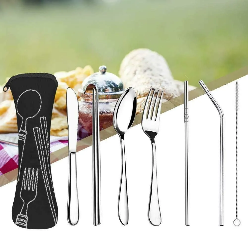 ZABEES Flatware Forks Portable Lunch Tableware Cutlery Set Stainless Steel Spoon Fork Travel Outdoor Knife Tableware Dining Dinnerware Sets Food Grade Forks