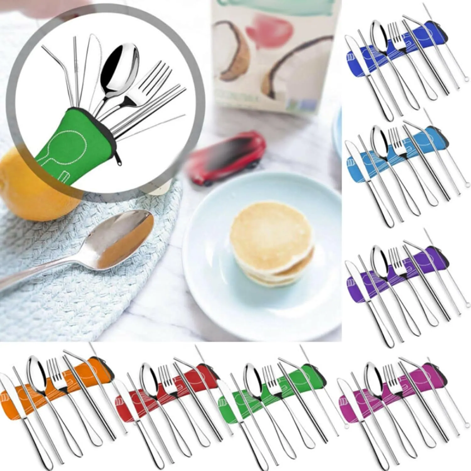 ZABEES Flatware Forks Portable Lunch Tableware Cutlery Set Stainless Steel Spoon Fork Travel Outdoor Knife Tableware Dining Dinnerware Sets Food Grade Forks