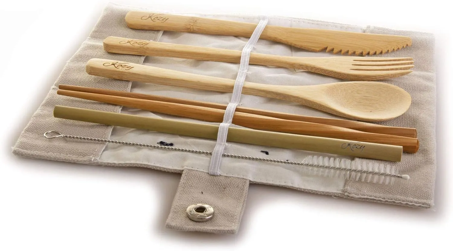 Zero Waste Plastic Free Reusable Bamboo Cutlery Set Fork, Spoon, Knife, Chopsticks, Straw by Kozy Kitchen- BONUS Straw Brush (White)