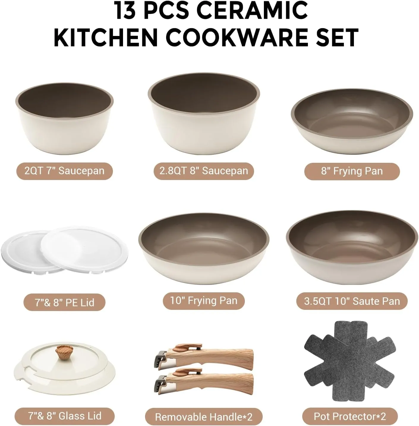 ZHANG XIAO QUAN SINCE 1628 Pots and Pans Set - 13PCS Aluminium Non Stick Cookware, White, Oven Safe, PTFE/PFAS/PFOA Free, Detachable Handle